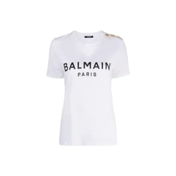 BALMAIN Letter Print Crew Neck Pullover Short Sleeved T Shirt Women's White