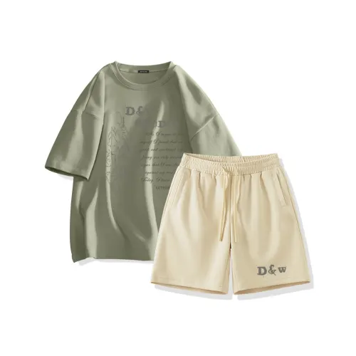 D&W Casual Sportswear Unisex Set Army Green Top+Ecru tiered shorts