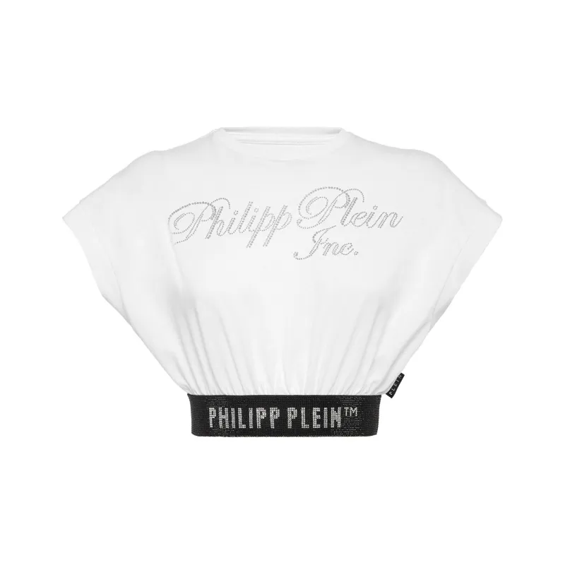 PHILIPP PLEIN Rhinestone logo Cropped T shirt-0