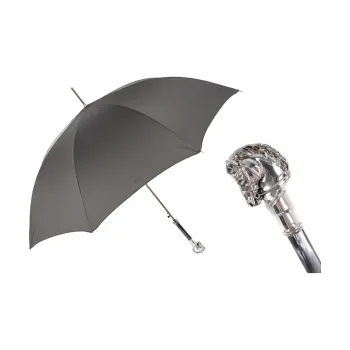Pasotti Gray Stripes Umbrella With Silver Plated Horse Head Handle, Straight Handle, Sunny And Rainy Dual Use Umbrella