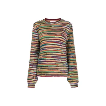 Chloé Rainbow Striped Frayed Detailed Crewneck Sweater