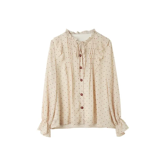 ANNECHEN Dot Lace Up Shirt Spring, Summer And Autumn Women's Apricot-0