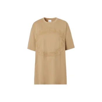 Burberry Solid Color Logo Embroidered Pullover Short Sleeved T Shirt Women's Beige