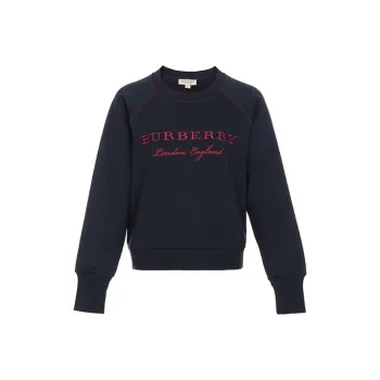 Burberry Women's Logo Embroidered Mixed Fabric Sweater Dark Blue
