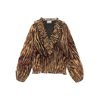 GANNI Pleated Georgette V Neck Ruffle Blouse 'Tiger's Eye'