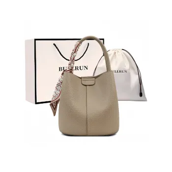 Bullrun Cow Leather Bucket Shoulder Bag, Crossbody Bag, Handbag Women's Elephant Gray/Cookie/Ecru
