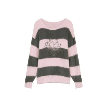ELF SACK Sweater Women's Demon Heart Gray Pink Stripes