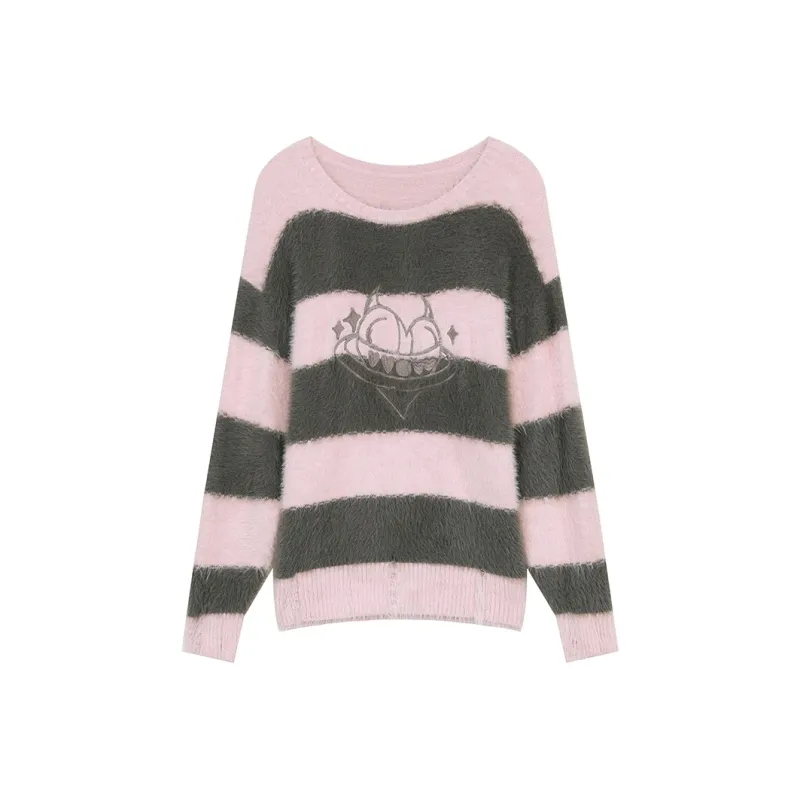 ELF SACK Sweater Women's Demon Heart Gray Pink Stripes-0