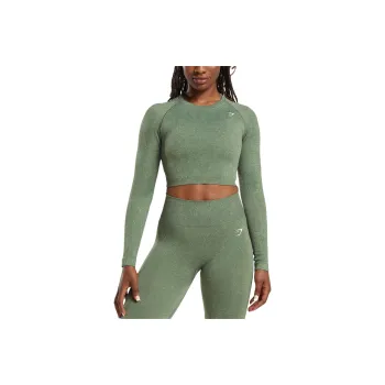 GYMSHARK ADAPT FLECK SEAMLESS LONG SLEEVE CROP TOP T-Shirt Women's Light Sage Green