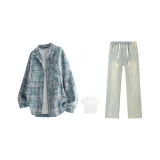 Blue White Plaid+Yellow Mud[Includes White T-Shirt]