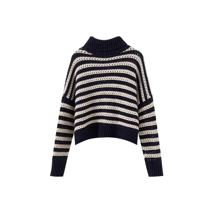 YUMOMO STAR Sweater Women's Navy Blue With White Stripes-0