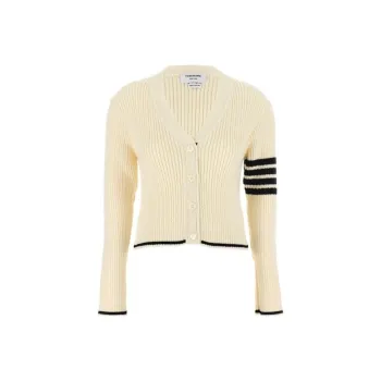 THOM BROWNE V Neck Cropped Cable Knitted Cardigan