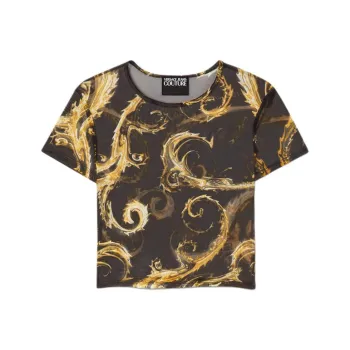 VERSACE JEANS COUTURE Multicolor Pattern All over Print Crew Neck Cropped Short Sleeved T Shirt Women's Black