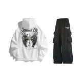 White Sweatshirt+Black Casual Pants