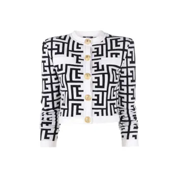 BALMAIN Monogram Knit Cropped Cardigan 'Black/White'