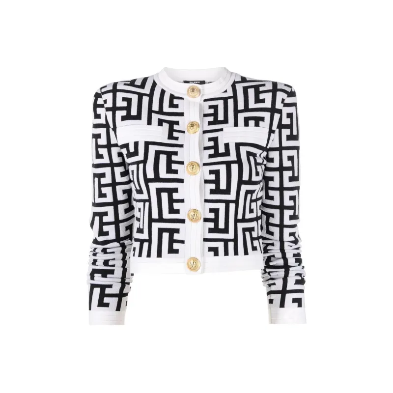 BALMAIN Monogram Knit Cropped Cardigan 'Black/White'-0