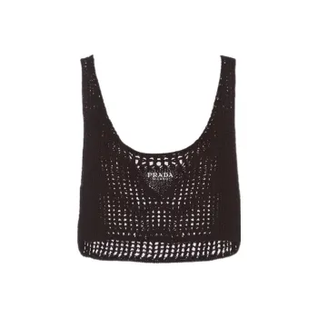 PRADA Openwork Cotton Crop Top Black