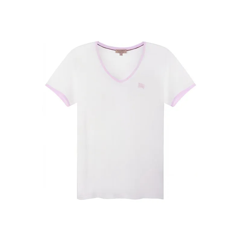 Burberry Women's Embroidered Monogram Ekd V Neck T shirt White/Pink-0