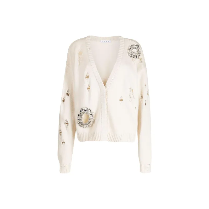 AREA Distressed-effect Crystal-embellished Cardigan-0