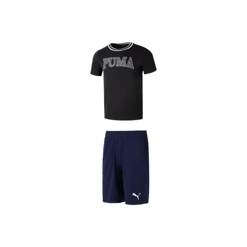 PUMA Casual Sportswear Men Clothing Set Black Short Sleeved Top+Blue tiered shorts