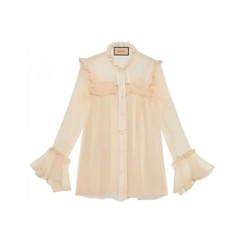 GUCCI SS21 Borderless Scrollwork Chiffon Shirts Women's Ecru-0