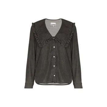 GANNI Oversized Ruffle Collar Denim Blouse