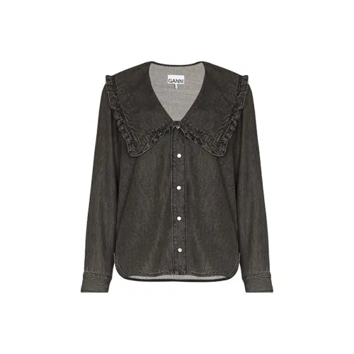 GANNI Oversized Ruffle Collar Denim Blouse