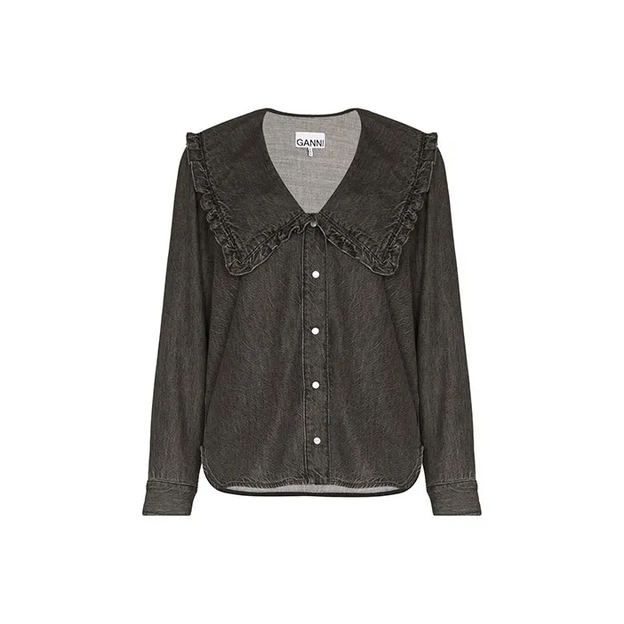 GANNI Oversized Ruffle Collar Denim Blouse-0