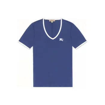 Burberry Women's Embroidered Monogram Ekd V Neck T shirt Blue/White