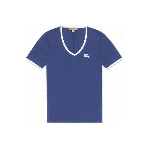 Burberry Women's Embroidered Monogram Ekd V Neck T shirt Blue/White