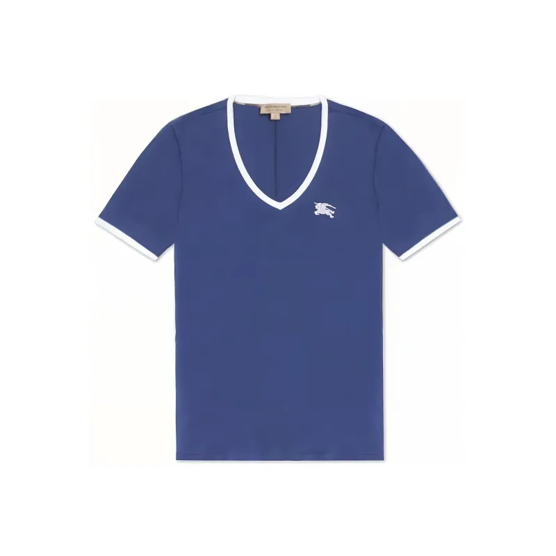 Burberry Women's Embroidered Monogram Ekd V Neck T shirt Blue/White-0
