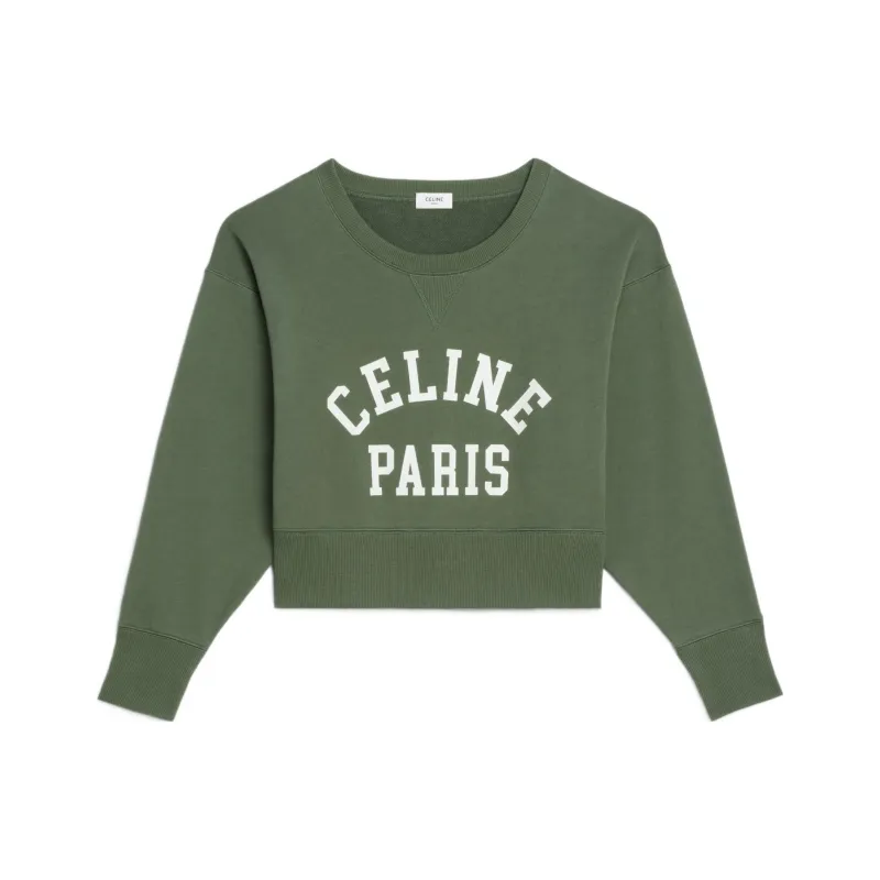 CELINE Paris SS22 Women's Cropped Sweatshirt Olive Green-0