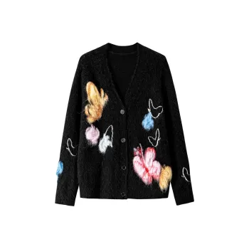 Roselingling Sweater Women's Black With Butterfly Flower Pattern