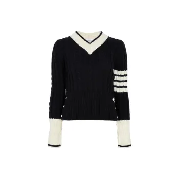 THOM BROWNE 4 Bar Stripe Detailed V Neck Knitted Jumper