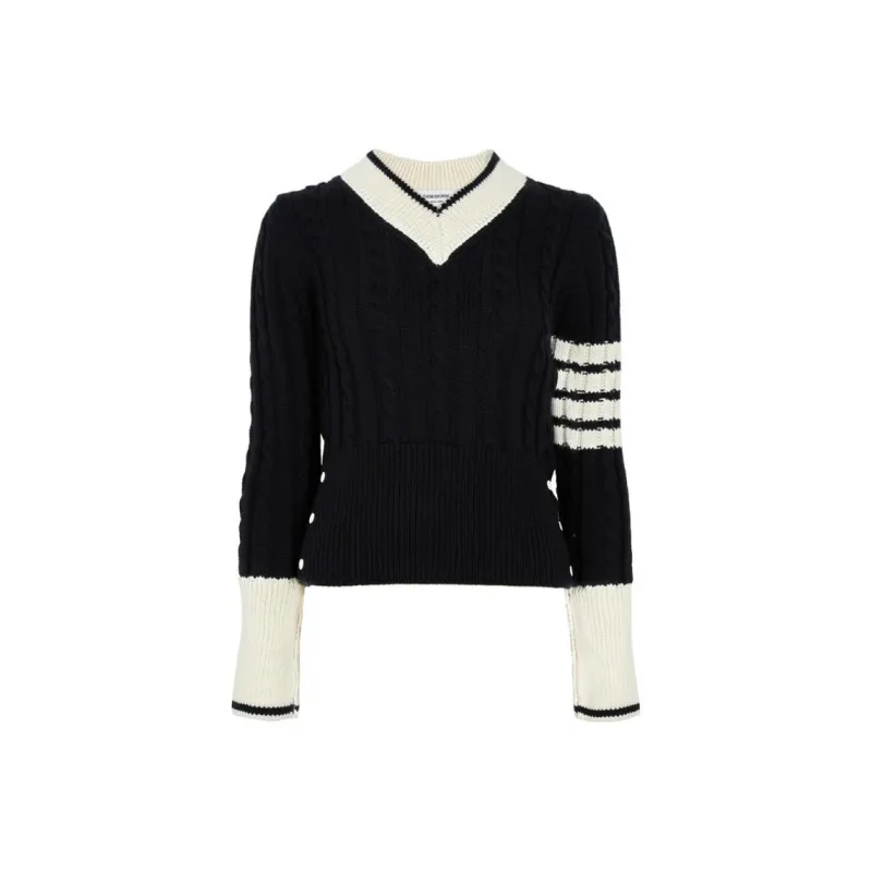 THOM BROWNE 4 Bar Stripe Detailed V Neck Knitted Jumper-0