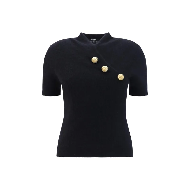 BALMAIN Button Detailed Knit Short Sleeve T Shirt-0