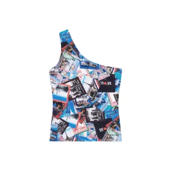 Balenciaga Women'ss Allover Cities Asymetric Tank Top Grey/Blue/Multi