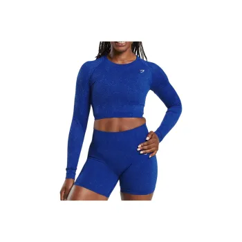 GYMSHARK ADAPT FLECK SEAMLESS LONG SLEEVE CROP TOP T-Shirt Women's Cobalt Blue