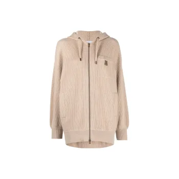 Brunello Cucinelli Drawstring Zipped Ribbed Detailed Hoodie