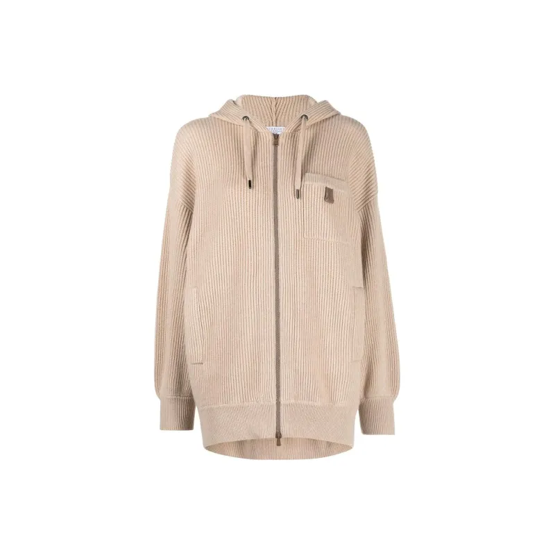 Brunello Cucinelli Drawstring Zipped Ribbed Detailed Hoodie-0