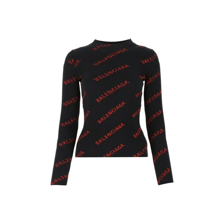 Balenciaga Logo Intarsia Crewneck Sweater 'Black/Red'-0