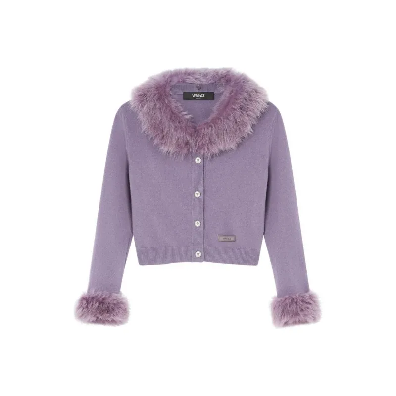VERSACE Shearling trim Cropped Cardigan-0