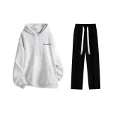 Fleece-Lined Clothing Sets (White Heather Gray Fleece-Lined Hoodies & Sweatshirts+Black Fleece-Lined Casual Pants)