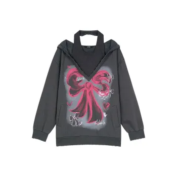 ELF SACK American V Neck Gray Bowknot Print Hoodie Women's