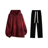 Fleece-Lined Clothing Sets (Burgundy Fleece-Lined Hoodies & Sweatshirts+Black Fleece-Lined Casual Pants)