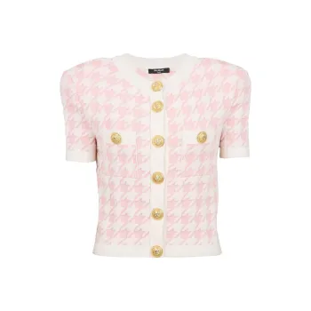 BALMAIN Houndstooth Cropped Cardigan 'Rose'