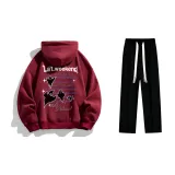 Fleece-Lined Clothing Sets (Burgundy Fleece-Lined Hoodies & Sweatshirts+Black Fleece-Lined Casual Pants)