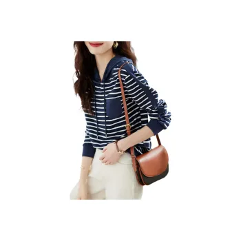 Mo Han Yi Mei Drop Shoulder Sleeve T Shirt Women's Navy Blue Stripes