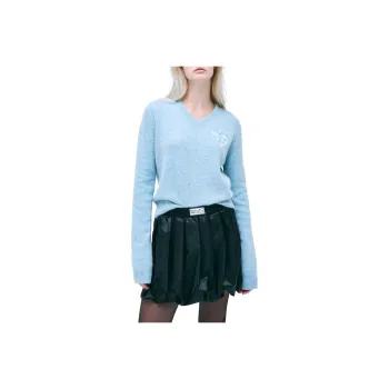 MARDI MERCREDI FW24 RACCOON BLENDED V NECK SATIN SPADE_MINT Sweater Korean Style Women's Sky Blue