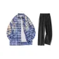 Blue Plaid (Long-Sleeved)+Black (High Stretch Ice Silk)
